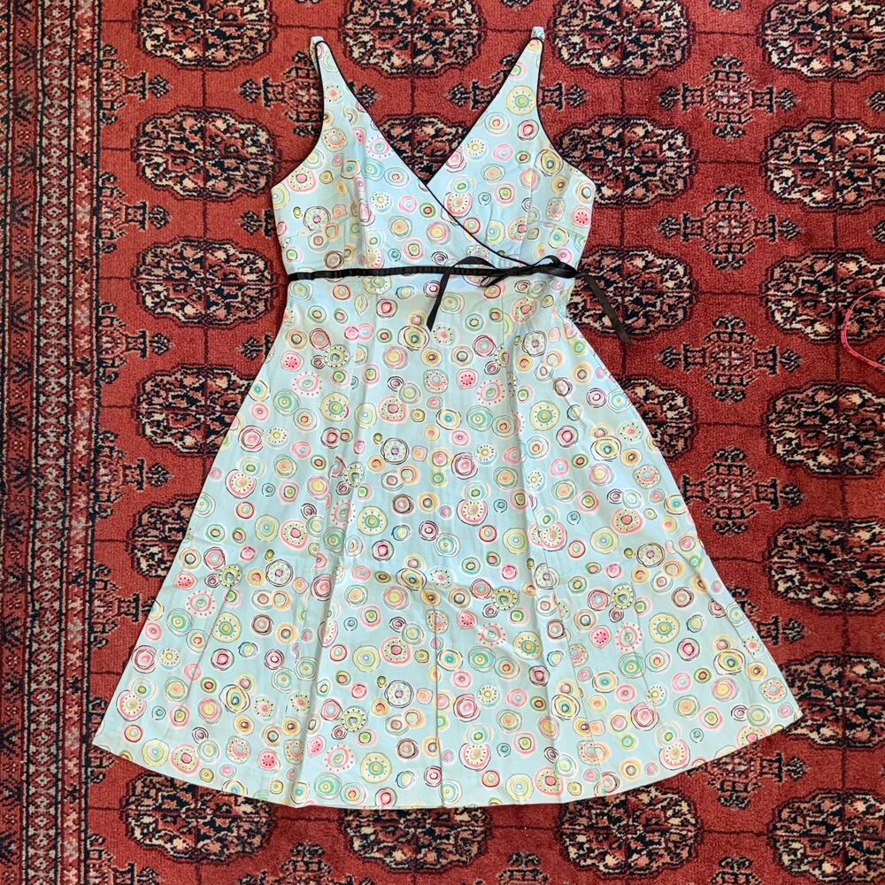 Becky & Max 4 Pale Blue Colorful Circle Print Black Trim Stretch Cotton Sundress